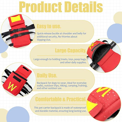 Dog Backpack for Dog, Red Self Carrier Pet Pack with Pockets, Adjustable Hands-Free Travel Hiking Walking Vest, Cute W Superhero Design, Large Capacity