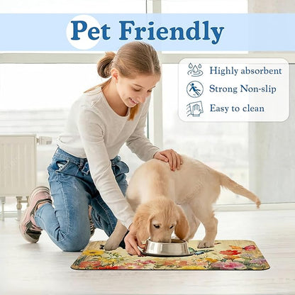 Vintage Butterfly Floral Pet Food Mat for Cats and Dogs–Christmas Stocking Absorbent Quick Dry Feeding Placemat, Non Slip Rubber Base, Waterproof Bowl Mat for Indoor Use, Pet Supplies 16"x24"