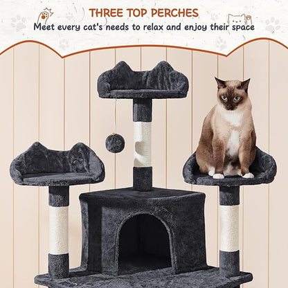 Yaheetech 76.5in Multi-Level Large Cat Tree, Big Cat Tower with 3 Condos, Cozy Plush Perches, 9 Sisal Scratching Posts and Ladder, Activity Center for Large Kitties, Black