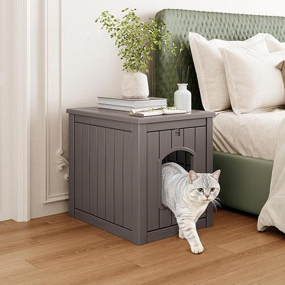 Cat Litter Box Enclosure, Hidden Litter Box with Openable Front Door, Outdoor Cat House Weatherproof, Side Table, Easy to Clean and Assembly, Dark Gray