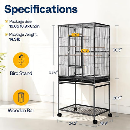 VIVOHOME 54 Inch Wrought Iron Large Bird Flight Cage with Rolling Stand for Parakeets Canaries Cockatiels Lovebirds Conures, Black