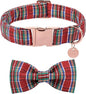 Christmas Plaid Dog Collar with Bow, Red and Blue Check Adjustable Pet Collar with Quick Release, Christmas Stripes Bowtie Collar for Small Medium Large Dogs XL