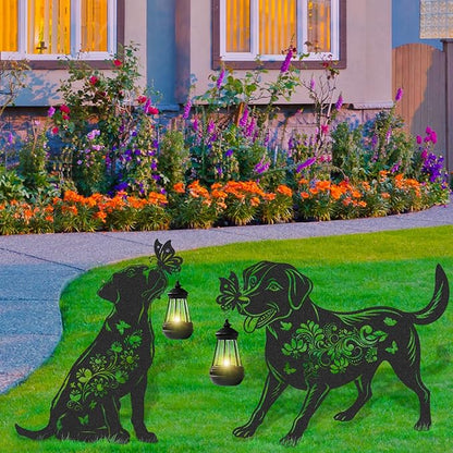 Solar Lights Garden Decor - 2 Pcs Metal Dog Statues Outdoor Decorative Yard Stakes with Lantern Waterproof Patio Lawn Pathway Ornaments Christmas Decorations Gifts for Women Animal Lover