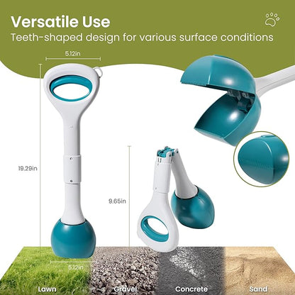 Dog Pooper Scooper Portable with Bag Attachment, One Handed Foldable Design, Includes 120 Waste Bags and Dispenser, 19 Inch Handle for Grass Yard Gravel Cleanup (Green)