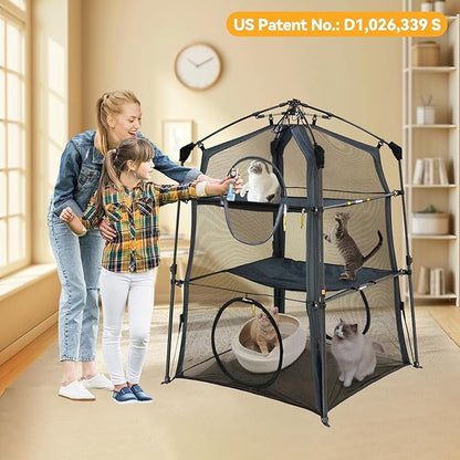 Automatic Pop-Up Cat Enclosure|3-Tier Cat Tent|Cat Cage|Outdoor Catio with Patent,Breathable Portable & Foldable, Stable Structure for Indoor/Outdoor, Free Teaser Wand,Friendly Connectable playpen