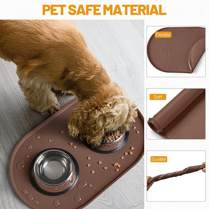 Hubulk 100% Waterproof Silicone Pet Feeding Mat with Raised Edge for Food and Water, Dog Bowl Mats, Cat Bowls Placemat with High Lip Protects Floor for Cats and Dogs (Brown, 24" L x 16" W)