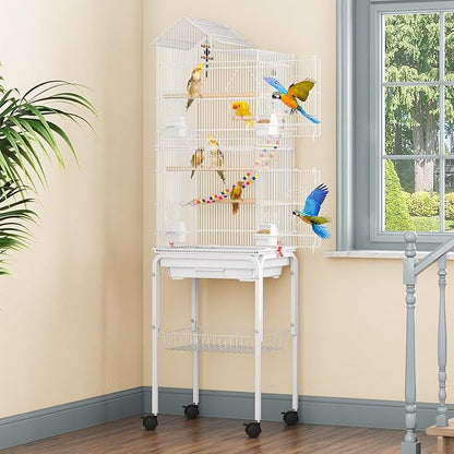62-inch Metal Bird Cage: Spacious Bird Cage for Cockatiels, Parrots, Pigeons, Lovebirds, Features Roof Access and Rolling Stand, White