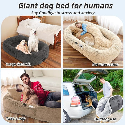 Human Dog Bed, 71''x45''x12'' Size Fits You and Pets, Washable Faux Fur Pet Bed for People Doze Off, Napping Orthopedic Dog Bed, Present Plump Pillow, Blanket, Strap - Dark Grey