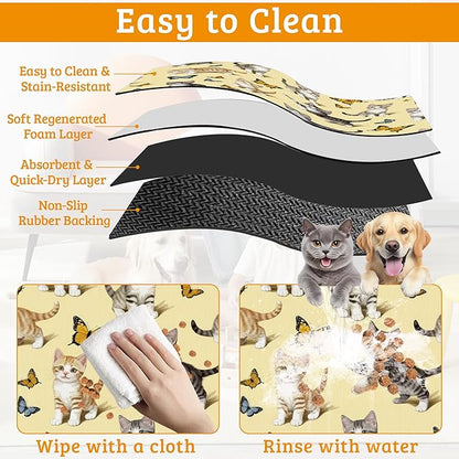 Dog Bowl Mat,Cute Cats Pet Feeding Mat for Floors Waterproof,Butterfly Absorbent Dogs Placemat for Food and Water Quick Dry Pet Cat Feeding Mats with Non Slip Bottom 12" x 20"