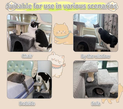 3-in-1 Pet Stairs for Cats for High Bed, Adjustable Dog Steps, Modular 3-Tier, Cushioned Steps & Cat Condo, Adjustable Entrance, Dangling Ball, for Kittens, Senior & Cats (Grey, Medium)