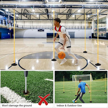 6 FT Agility Poles for Soccer, Basketball, Football, Equestrian, Pet Training, 4/6/8/10 Pack Detachable Soccer Poles w/Rubber Bases, Pole Bending Poles for Horses, Indoor/Outdoor Use