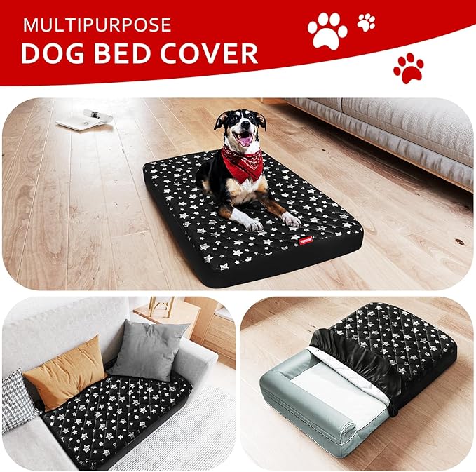 Waterproof Dog Bed Covers Replacement Washable Pet Hair Easy to Remove, Noiseless Quilted Puppy Pet Bed Cover Lovely Black Star Print 22x35 Inches, for Dog/Cat, Cover Only