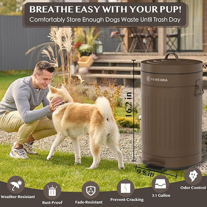 PAWZIDEA Dog Poop Trash Can Outside Odor Control, 3.1Gallon Pet Waste Trash Can Outdoor Waterproof, Dog Poop Container Bin Outdoor Garbage Can with Lid, 7.8in Activated Carbon Filter Pet Waste Station