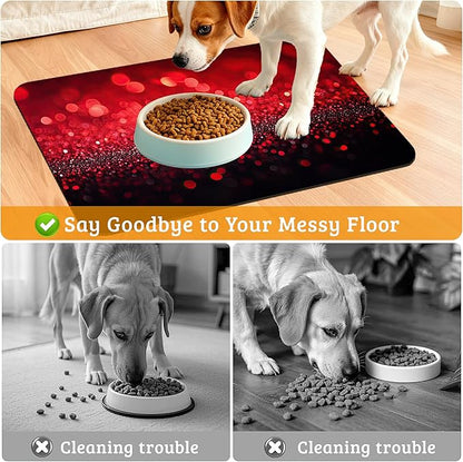 Red Gradienr Feeding Mat,Black Glitter Absorbent Quick-Dry Cat Dog Food and Water Bowl Mats,Non-Slip Rubber Backing Mat,Cat Dog Accessories Supplies 16" x 24"