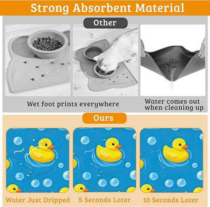 Yellow Rubber Ducks Dog Food Mat,Soap Bubbles Absorbent Pet Feeding Mat for Food and Water Bowl,Quick Dry Dog Placemat Non Slip Rubber Backing Waterproof Pet Supplies 16" x 24"