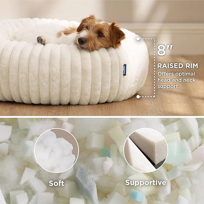 Bedsure ComfyFleece™ Donut Small Dog Bed - Dog Beds for Small Dogs with Corduroy Fleece & Anti Slip Bottom, Round Faux Fur Pet Beds with Washable Removable Cover, Cream, 27x27x8 inches