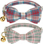 2 Pack Soft Cotton Cat Collars with Bowtie and Bell Breakaway Plaid Cat Kitten Collar(Red and Green)