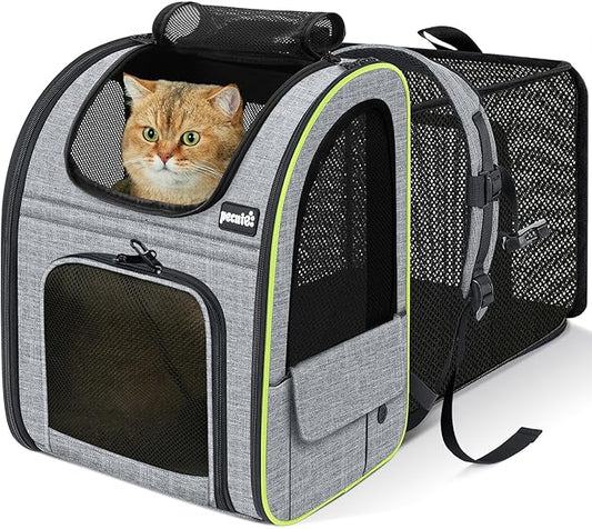 Pecute Cat Backpack Carrier Expandable , Foldable Pet Backpack for Cats & Small Dogs Up to 11lbs, with 4-Side Breathable Mesh, Multi-Entry & Lockable Zippers for Travel, Hiking, Camping - Hands Free,