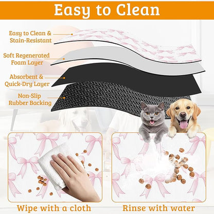 Pet Feeding Mat,Pink Bows Absorbent Dog Cat Food Mat Cute Dog Mat with Rubber Backing,Non-Slip Water Bowl Placemat,Pet Supplies 16" x 24"