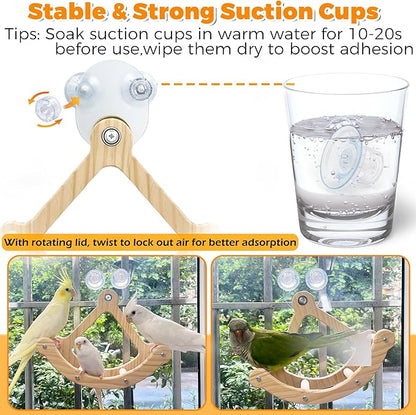 Rocking Bird Toys Perch for Window and Cage, Bird Perch for Wall Suction Mount, Wooden Parrot Toys for Medium Birds, Enrichment Cockatiel Toy Fun and Accessoriess for Budgie, Lovebird, Conure