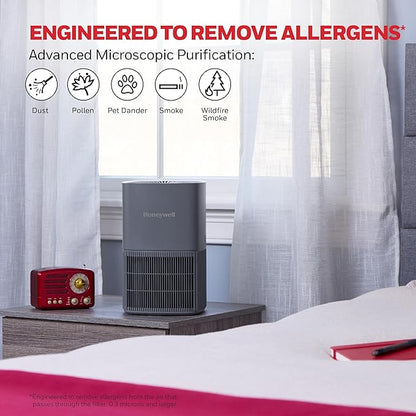 Honeywell Allergen Plus Compact HEPA Small Room Air Purifiers for Home, Up to 530 Ft² Coverage, 3-in-1 Filter, Pet Dander, Smoke & Odor Reducer Air Quality Sensor with Auto Mode, Grey, HPA125V