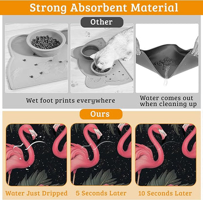 Pet Feeding Mat,Pink Flamingo Absorbent Dog Cat Food Mat Palm Leaves Dog Mat with Rubber Backing,Non-Slip Water Bowl Placemat,Pet Supplies 12" x 20"