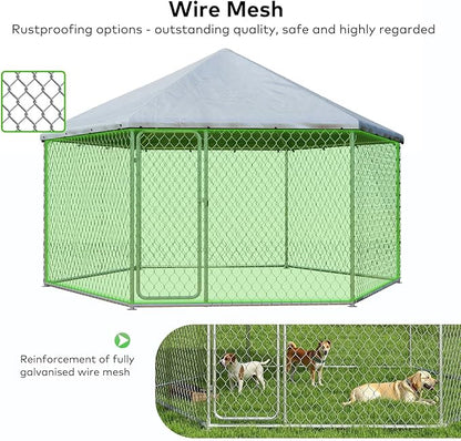 9.1x9.1 FT Outdoor Dog Kennel Heavy Duty Dog Enclosure with Waterproof Cover and Security Lock, Galvanized Wire Mesh Hexagonal Large Dog Kennel(109.4x109.4x95.3IN)