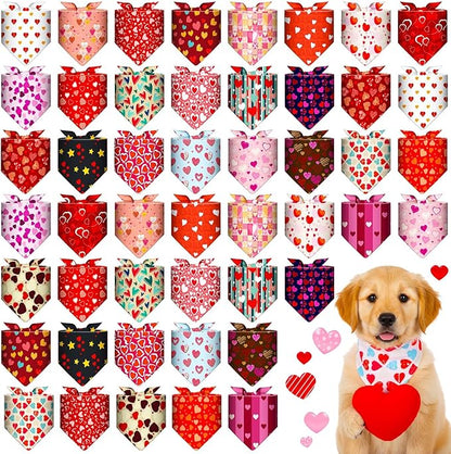 Sanwuta 48 Pcs Valentine's Day Dog Bandanas Bulk Valentines Dog Bandanas Adjustable Colorful Heart Scarf Red Pink Bib Accessories for Small Medium Large Breeds Pet Costume Accessories