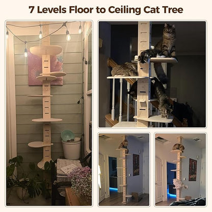 COZIWOW Floor to Ceiling Cat Tree Tower for Indoor Large Cats, 7 Tier Tall Cat Climbing Pole with Adjustable Height (98-114 inches), Modern Climbing Tower, Wood
