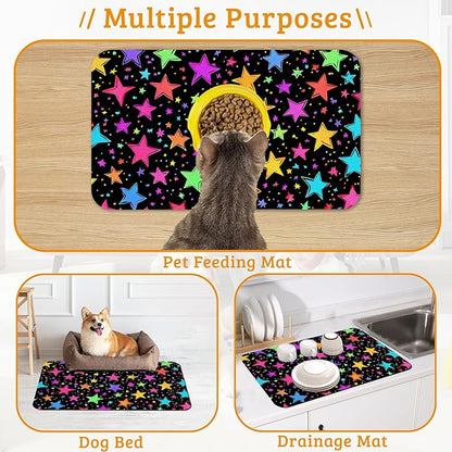 Neon Stars Dog Food Mat,Bright Colorful Absorbent Pet Feeding Mat for Food and Water Bowl,Quick Dry Dog Placemat Non Slip Rubber Backing Waterproof Pet Supplies 16" x 24"