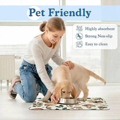 Vintage Mushroom Floral Dog Cat Food Mat–Christmas Stocking Absorbent Waterproof Placemat for Food and Water Bowls, Non Slip Rubber Backing, Feeding Mat for Clean Floors 16"x24"