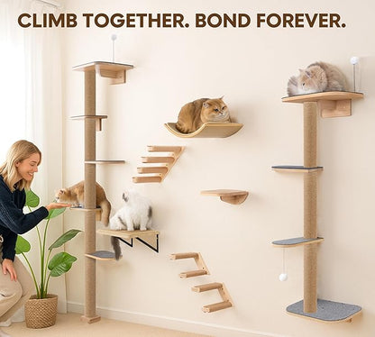 Floor to Ceiling Cat Tree for Kittens, 5-Tier Wall Mounted Cat Wall Shelves with Grey Felt Pads, Adjustable Wild Simulation Cat Tower, Natural Pine Wood Platforms for Climb, Scratch and Lookout