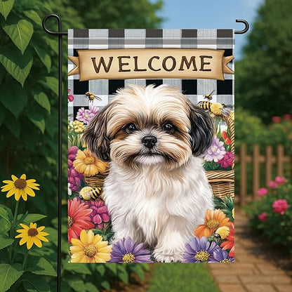 Spring Summer Garden Flag Shih Tzu Dog Flag 12x18 Inch Double-Sided Cute Puppy Yard Banner Buffalo Plaid Floral Outdoor Decor for Porch Lawn Pathway Dog Lover Housewarming