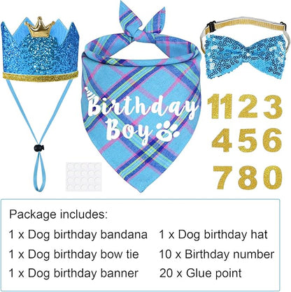 Dog Birthday Party Supplies, Multi Sizes Dog Birthday Hat Crown with Numbers Bandana Boy Bow Tie for Small Dogs Pets (Light Blue, Small)