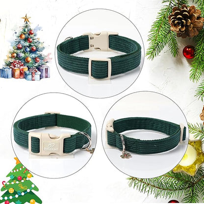 Cute Corduroy Dog Collar - Forest Green Adjustable Dog Collars for Small Dogs 10-25lbs, Fade-Proof with Secure Snap & Little Charm, Christmas Birthday Gift, S