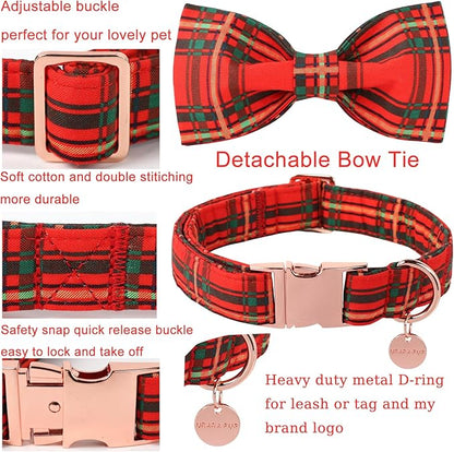 Christmas Dog Collar with Bow Tie, Cotton Christmas Plaid Collar for Medium Girl Boy Dog,Red &Green Plaid Dog Collar Bowtie with Durable Metal Buckle,Adorable Pet Collar,S,Neck 10-16in