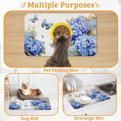 Pet Feeding Mat,Blue Hydrangea Absorbent Dog Cat Food Mat Butterfly Floral Dog Mat with Rubber Backing,Non-Slip Water Bowl Placemat,Pet Supplies 12" x 20"