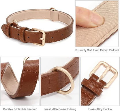 WHIPPY Leather Dog Collar for Small Medium Large Dog Adjustable Soft Breathable Leather Padded Puppy Collar with Alloy Buckle Heavy Duty Waterproof Classic Dog Pet Collar,Brown,S