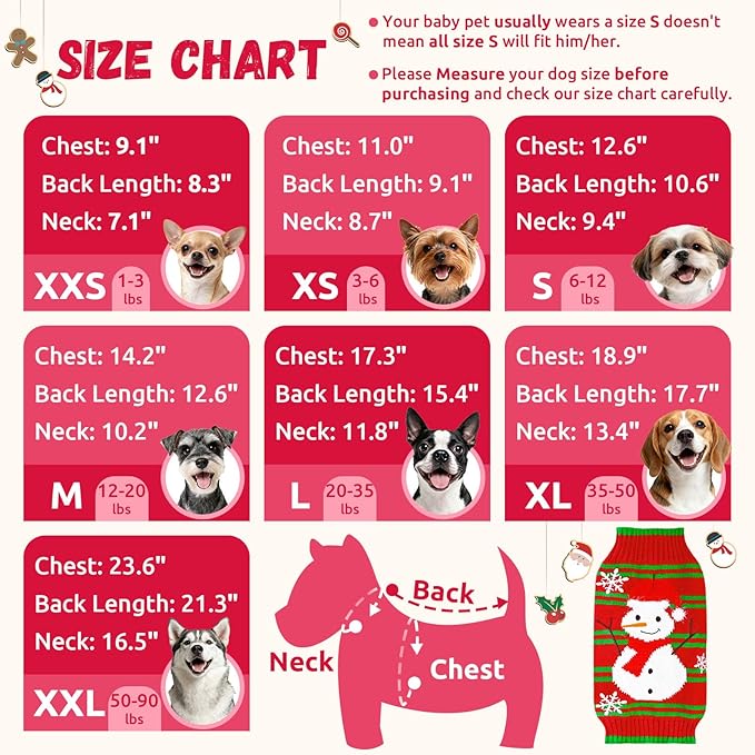 Dog Christmas Sweater Cute Snowman Puppy Cat Costume Boy Girls Xmas Holiday Pet Clothes New Year Outfits Gifts for Small Medium Large Dogs (XS, Red Green Stripe Snowman)