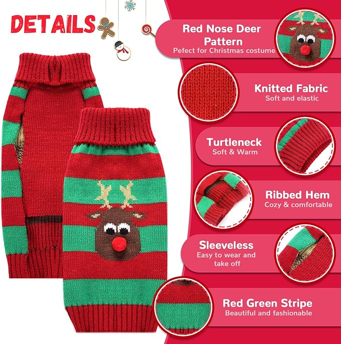 Dog Cat Christmas Sweater Boy Girl Ugly Reindeer Xmas Pet Clothes Holiday Puppy Costume New Year Gifts for Small Medium Large Dogs Outfits (XL, Red Green Stripe Reindeer)