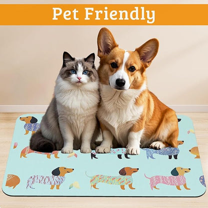 Dachshund Dog Cat Food Mat,Absorbent Waterproof Placemat for Food and Water Non Slip Rubber Backing Durable Feeding Pad for Clean Floors 16" x 24"