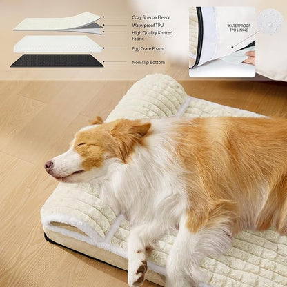 Orthopedic Dog Bed Large Sized Dog with Pillow 36''X24'', Waterproof Soft Comfortable Egg Crate Foam Pet Crate Beds Mat with Removable Washable Cover and Non-Slip Bottom, Cream