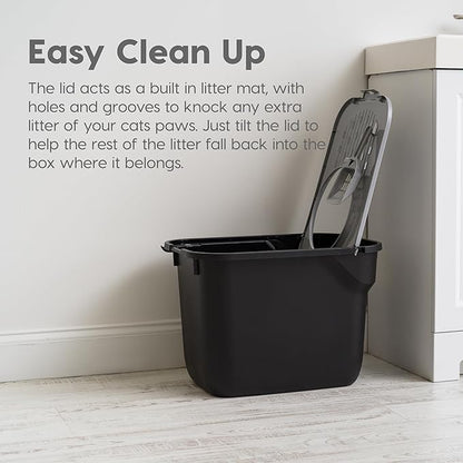 IRIS USA Cat Litter Box, Large Cat Box Enclosure, Top Entry with Litter Catching Lid, Enclosed with Scoop, Black/Gray