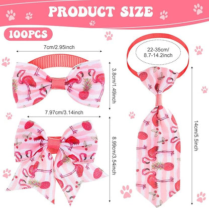 Reginary 100 Pieces Dog Bow Tie Collar Set Include 40 Dog Neckties, and 30 Puppy Bowties, 30 Collar Flowers, Adjustable Pet Ties Grooming for Small Medium Cats Pets Supply(Flamingo)
