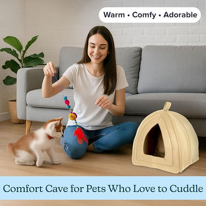 Cat House Indoor Cat Bed with Removable Foam Cushion, Plush Cat Tent Bed for Small Pets, Comfortable Cozy Hideaway for Cats, Kittens, Rabbits, Guinea Pigs, Ferrets, Hedgehogs, by PETMAKER