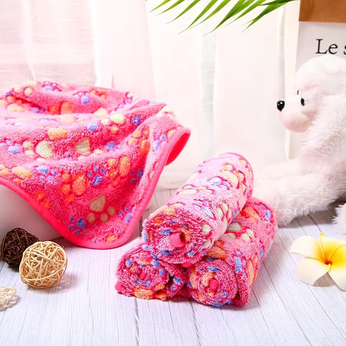 Tatuo 4 Pcs Dog Blanket for Pet Cat Blankets Indoor Puppy Teething Stuff Toys Paw Print Fleece Soft Blanket Sleep Mat for Guinea Pig Cage(Pink,Small(24 x 16 Inch),Square)