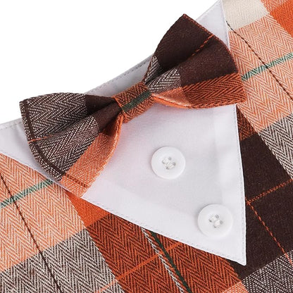 ADOGGYGO Fall Dog Tuxedo Bandana, Orange Plaid Pet Fall Collar with Bowtie, Adjustable Halloween Thanksgiving Costume for Medium Dogs (M)