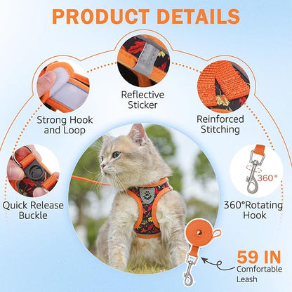 SCENEREAL Fall Thanksgiving Cat Harness and Leash Set Escape Proof, Soft Mesh Kitten Harness for Walking Travel, Reflective Adjustable Pet Vest with Leaf Print for Cat Puppy, M
