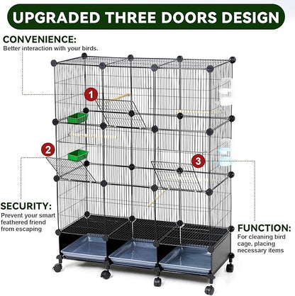 Encrypted Bird Cage (46" x 36" x 12"), with Wooden Perches, Metal Parakeet Cage with Slide-Out Tray, Water Bottle&Feeder, Bird Cages for Parrot,Parakeets,Cockatiel,Small Mid-Sized Birds