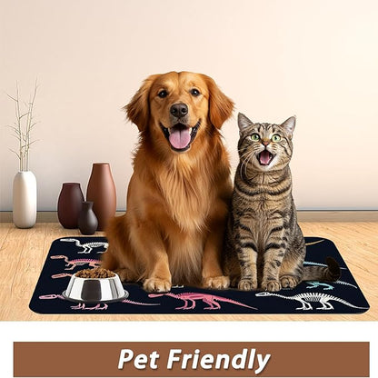 Dinosaur Skeleton Dog Cat Food Mat,Vintage Color Absorbent Pet Feeding Mat with Rubber Backing,Non-Slip Water Bowl Placemat,Indoor Pet Accessories Supplies 16"x24"